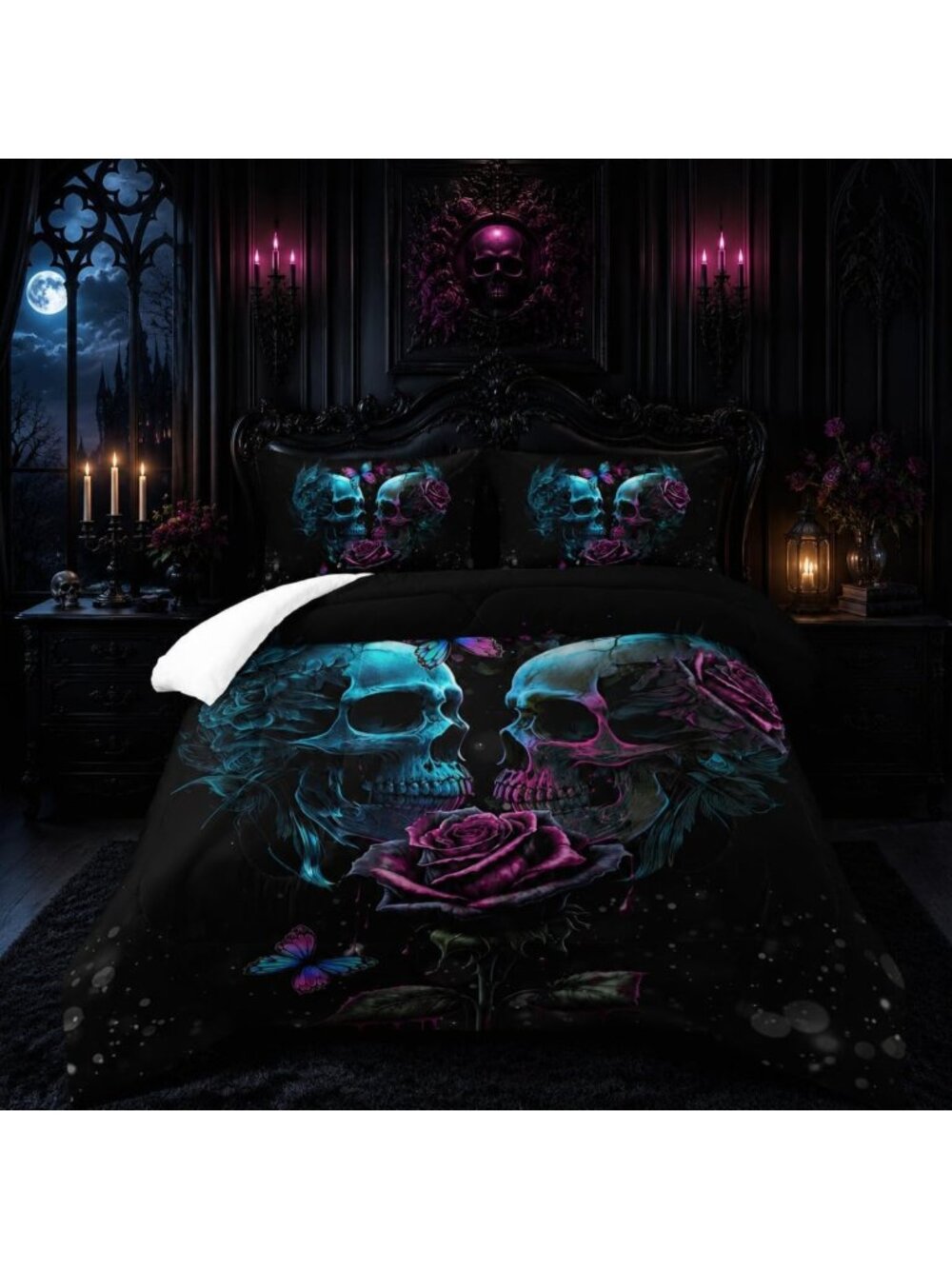 Gothic Skull Bedding Set Queen Size, Comforter & Quilt with Roses for Halloween